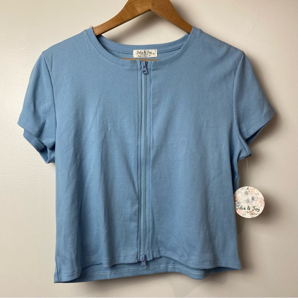 Jolie & Joy Plus Size Juniors Tops Blue ribbed cropped zip up tee shirt New NWT